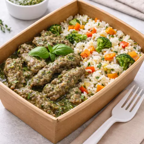 Pesto Souslu Dana Əti ilə Tərəvəzli Düyü